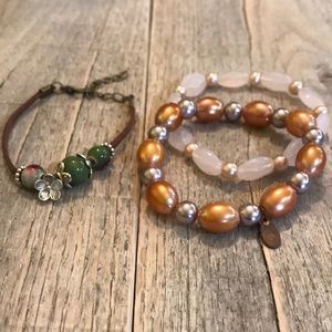 3 Bracelets - 2 Stretchy, 1 Beaded Leather